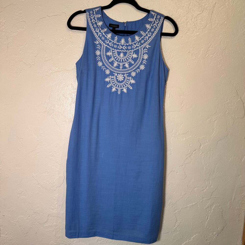 NWT $109 Talbots 2 Dress Embroidered 100% Cotton Cornflower Blue Euro Summer